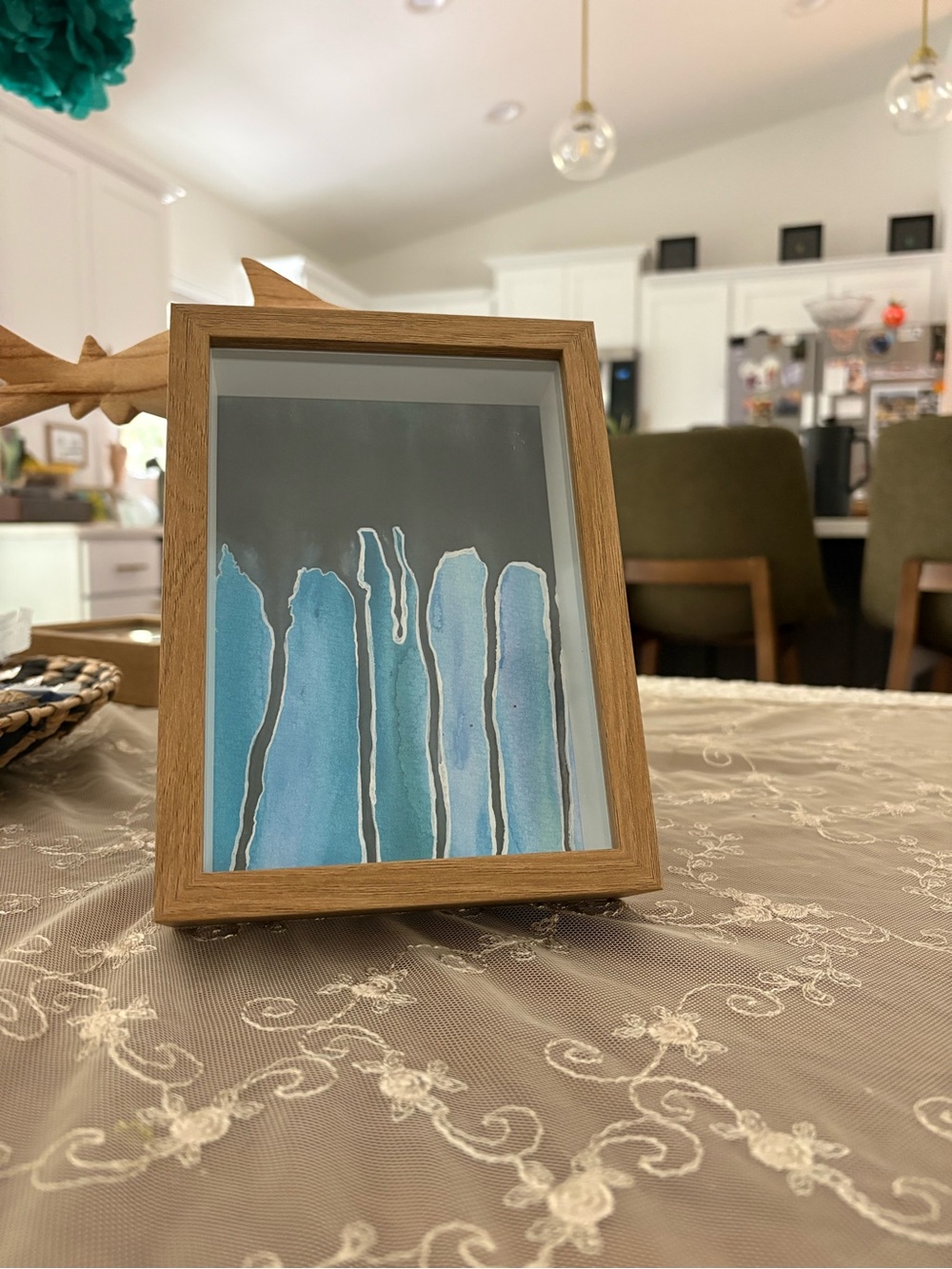 Wooden Framed original water color Blue Abstract with black and white drip. - Picture 2 of 2